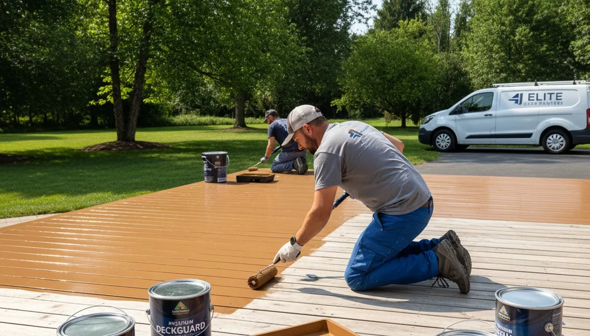 New Orleans paint pros applying deck coating on wood deck for heat and humidity protection