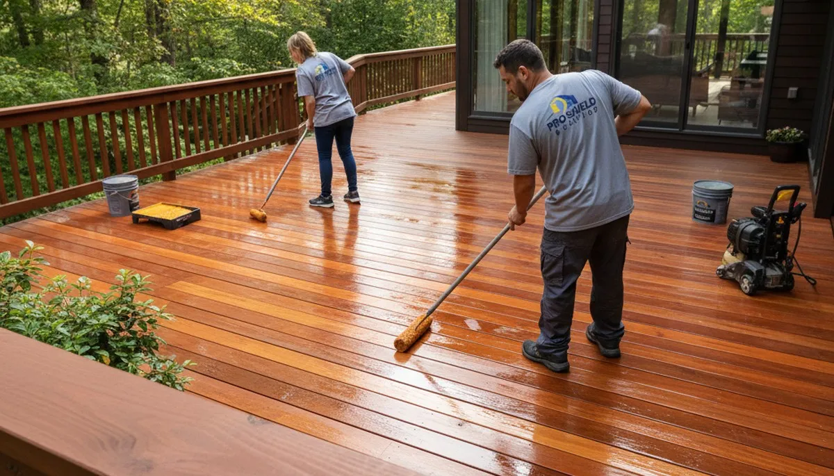New Orleans painters sealing a wood deck to protect against Gulf Coast humidity and sun