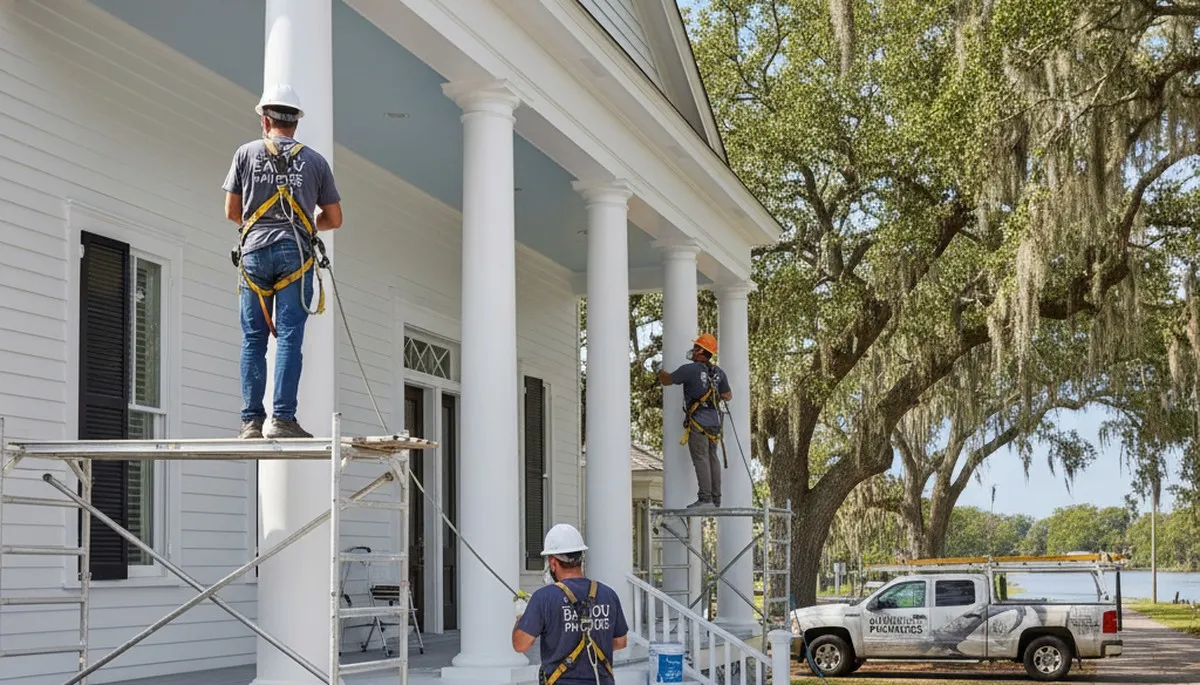 Painting contractors in New Orleans, LA preparing a home exterior for a professional paint job