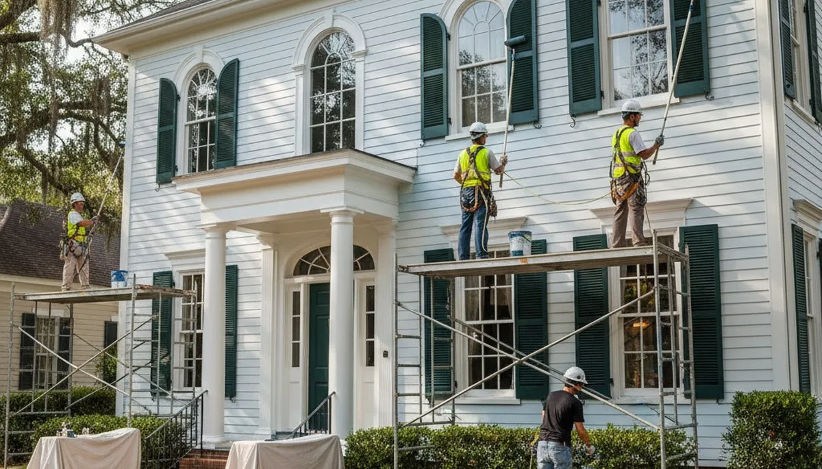 Painting contractor team in New Orleans, LA preparing a home exterior for painting