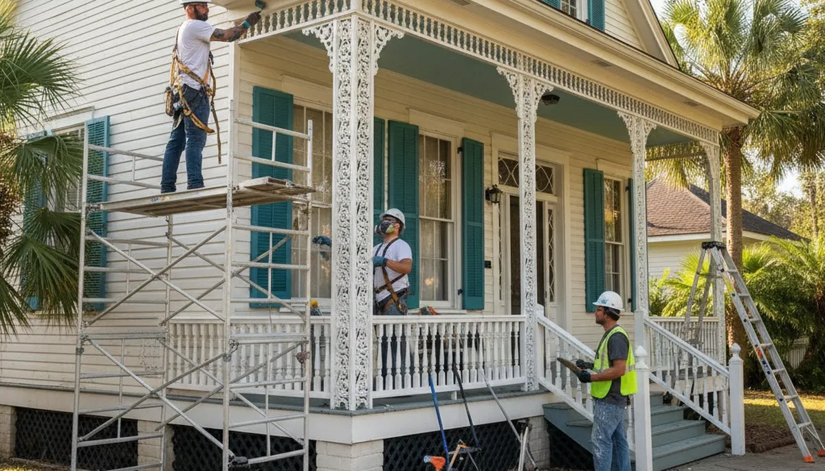 Painting contractors in New Orleans, LA preparing a home for interior painting service