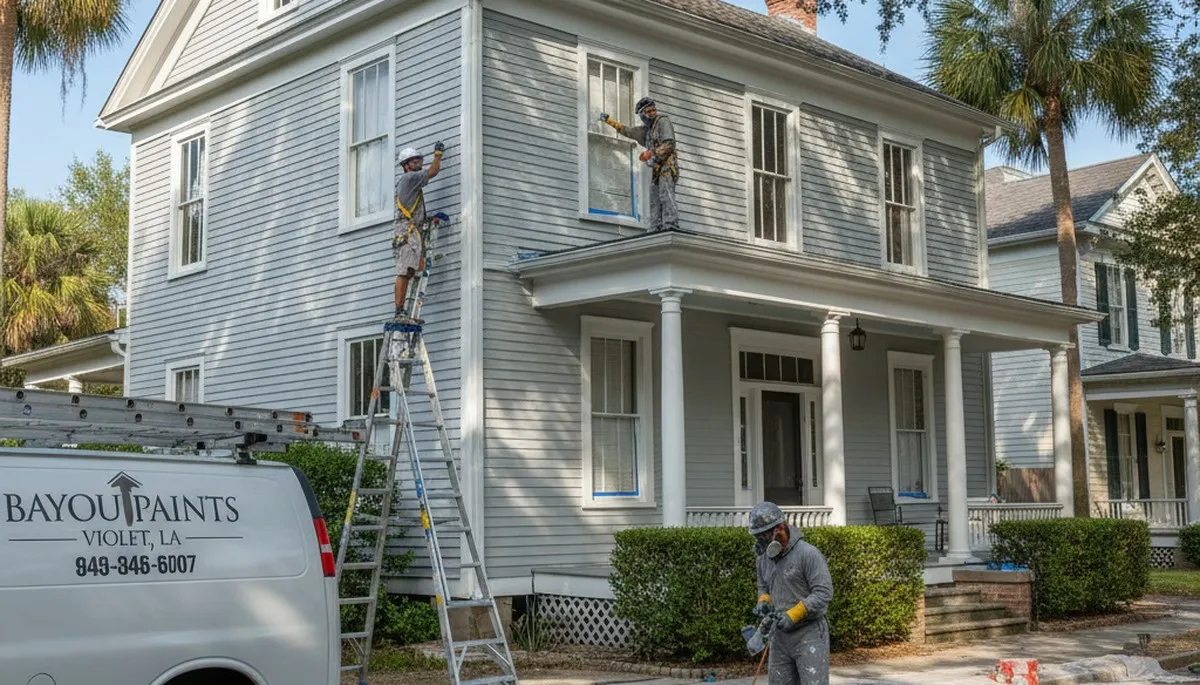 Painting contractors in New Orleans, LA preparing a home exterior for professional repainting